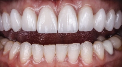 After cosmetic smile makeover with improved tooth shape and color.