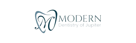 Modern Dentistry of Jupiter logo featuring stylized tooth with "M" monogram and text.